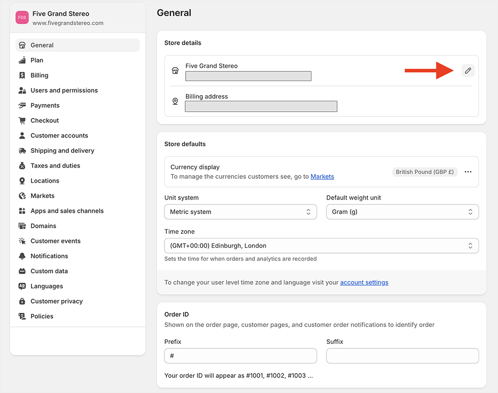 Accessing the 'store details' settings