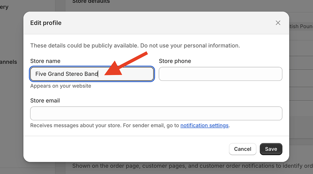 Changing your store name in Shopify settings