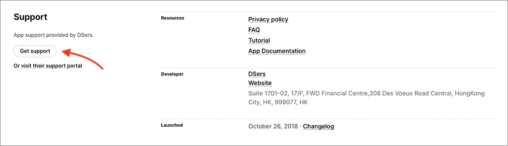 Accessing contact details for the provider of a dropshipping app