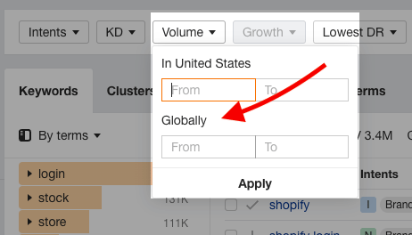 Filtering keywords by global search volumes in Ahrefs