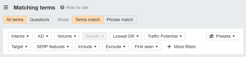 Ahrefs keyword research filters