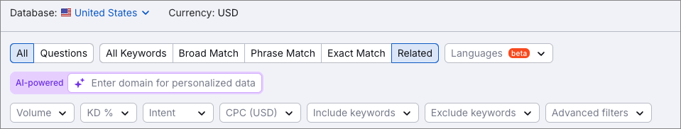 Keyword suggestion filters in Semrush