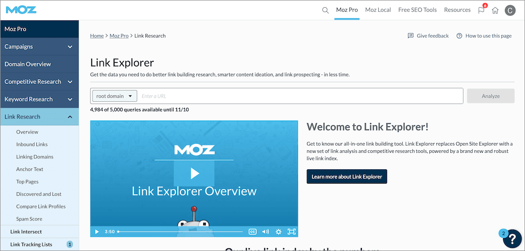 The Moz Pro interface