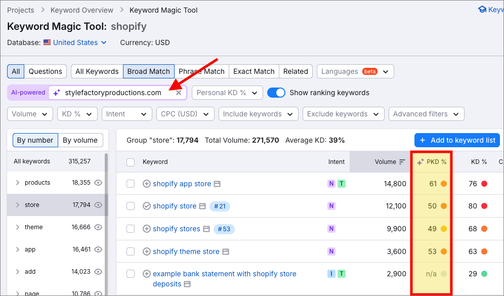 Getting personal keyword difficulty scores from Semrush