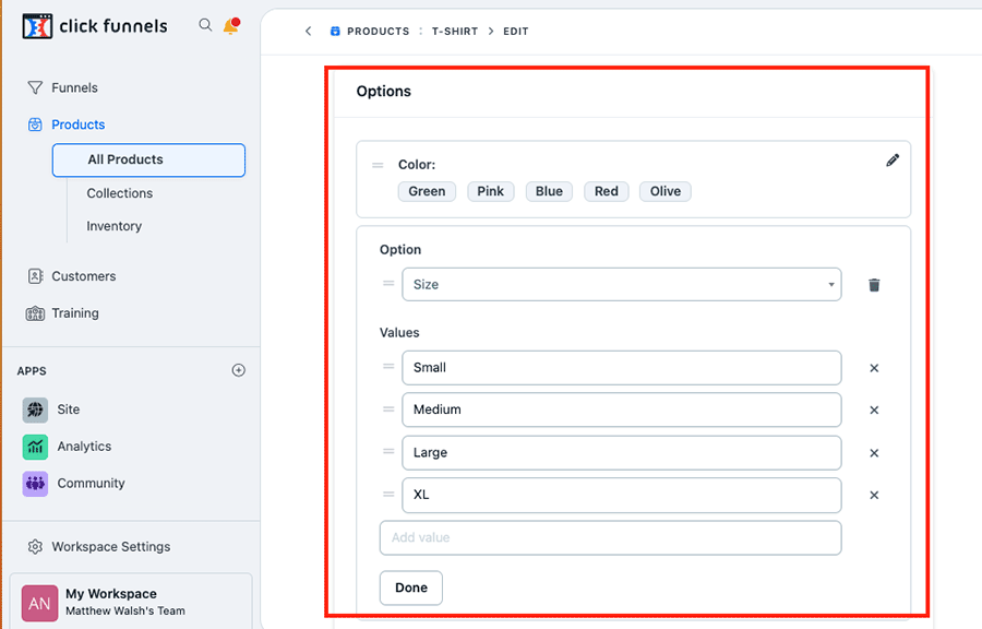 Working with product options and variants in ClickFunnels