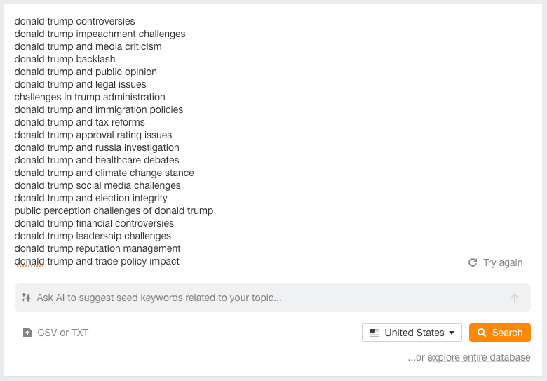 Seed keywords output by the Ahrefs AI