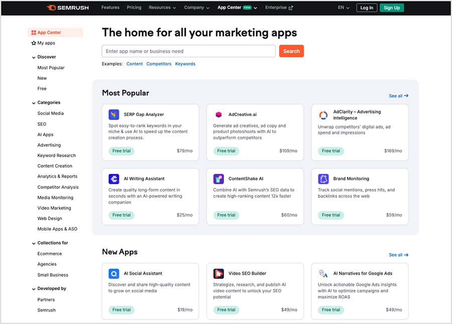 The app center in Semrush