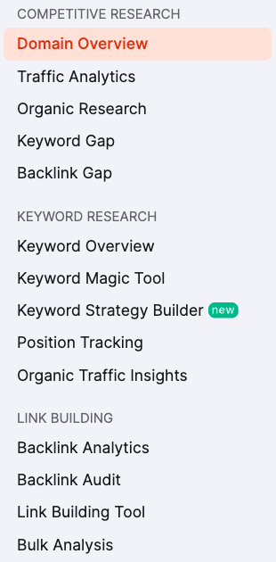 The Semrush navigation menu