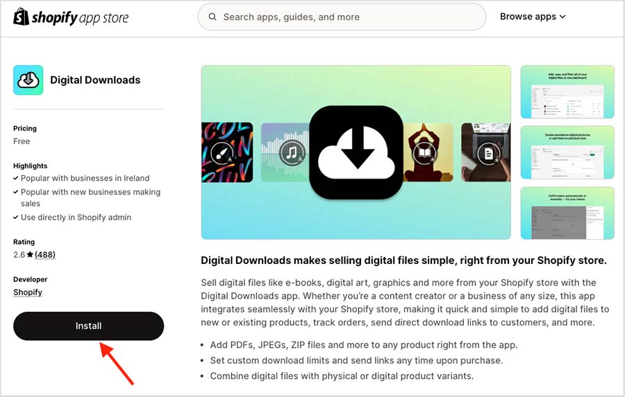 Shopify's free 'Digital Downloads' app