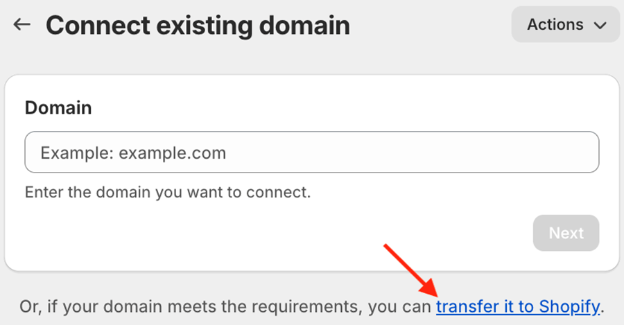 The domain transfer link in Shopify