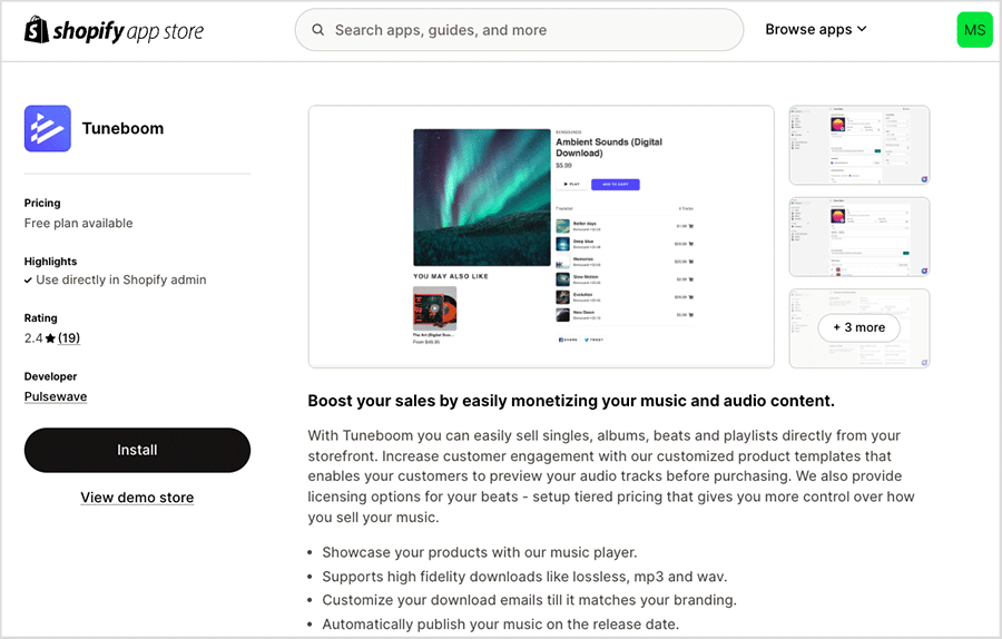 The Tuneboom app in the Shopify app store.