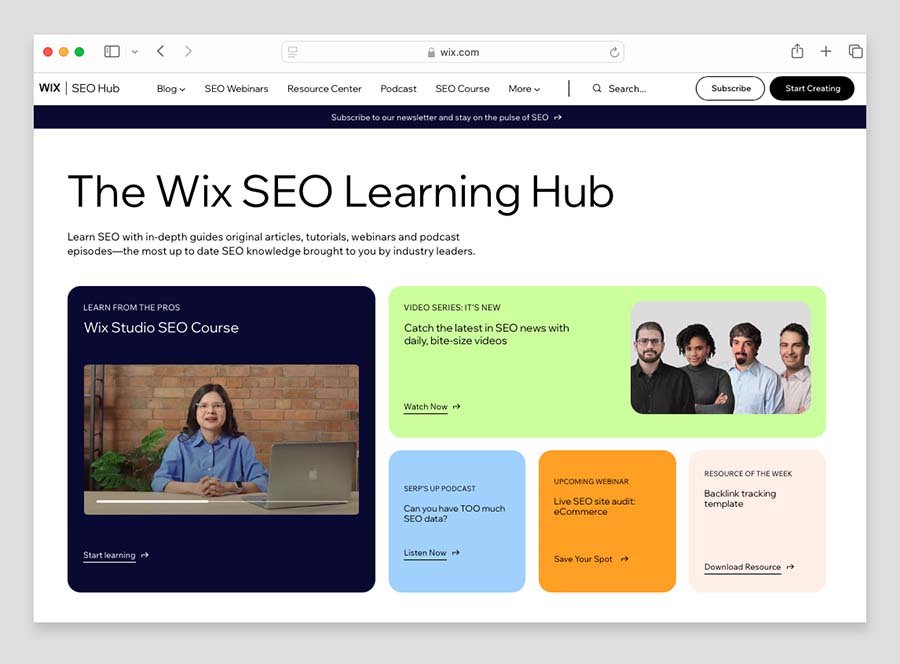 Wix's 'SEO Learning Hub' resource page.