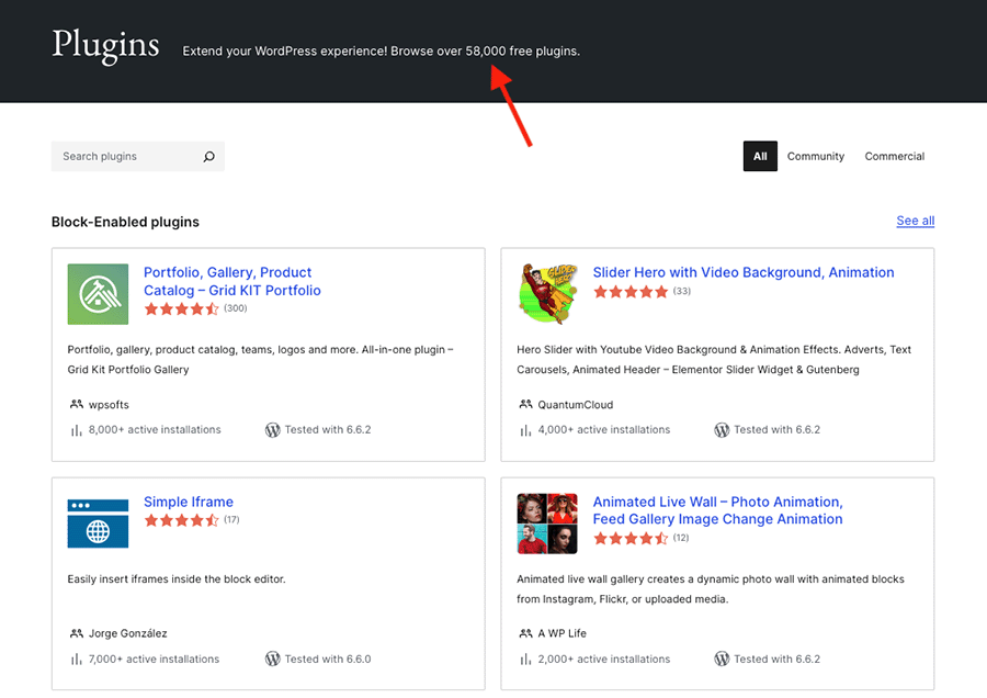 WordPress plugins in the official WordPress plugin directory displaying over 58,000 plugins available.
