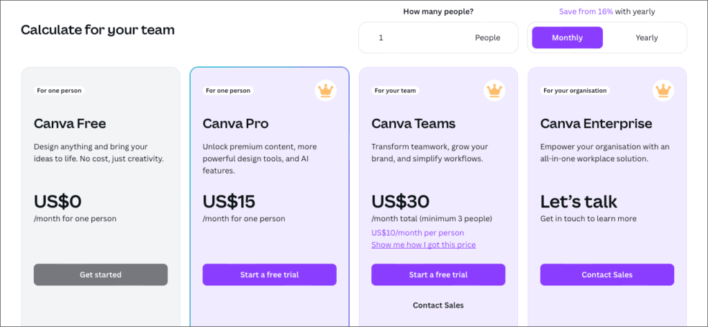 Canva pricing table