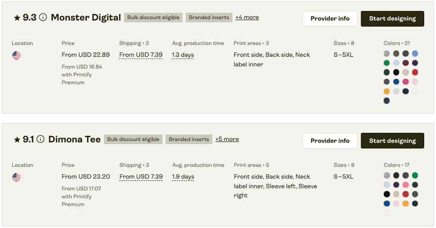 Comparing print provider details in Printify