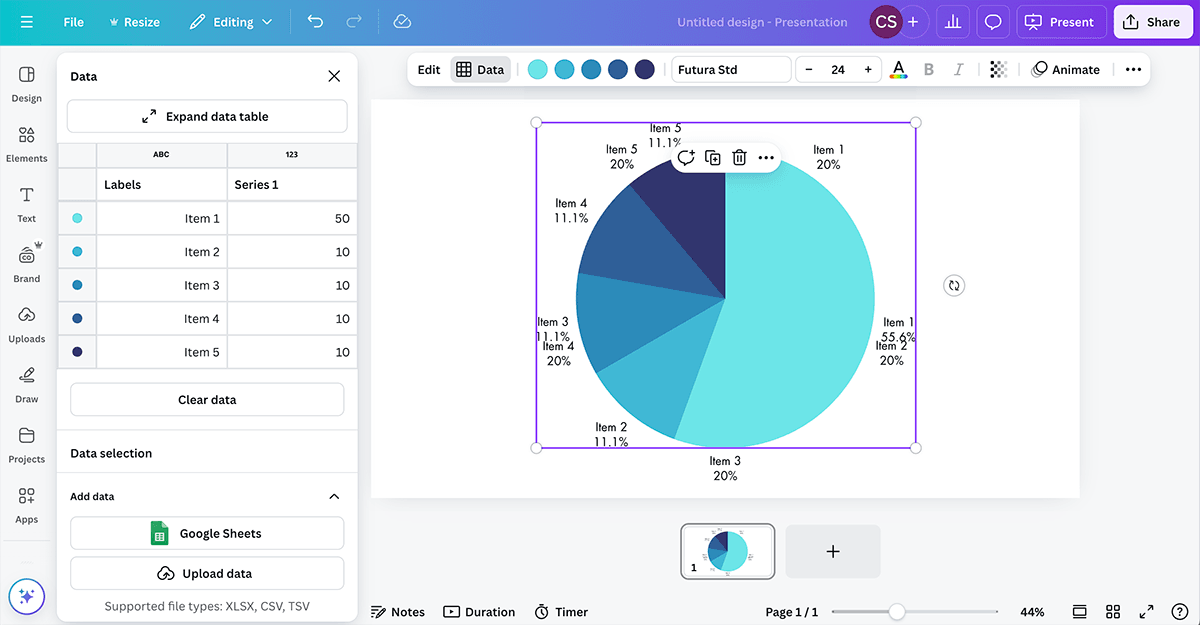 Editing a pie chart and its data in Canva