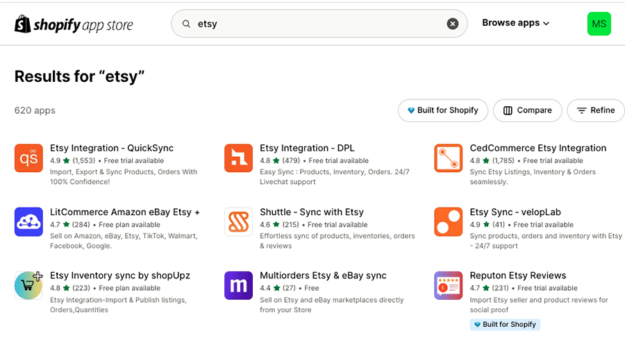 Etsy related apps in the official Shopify app store.