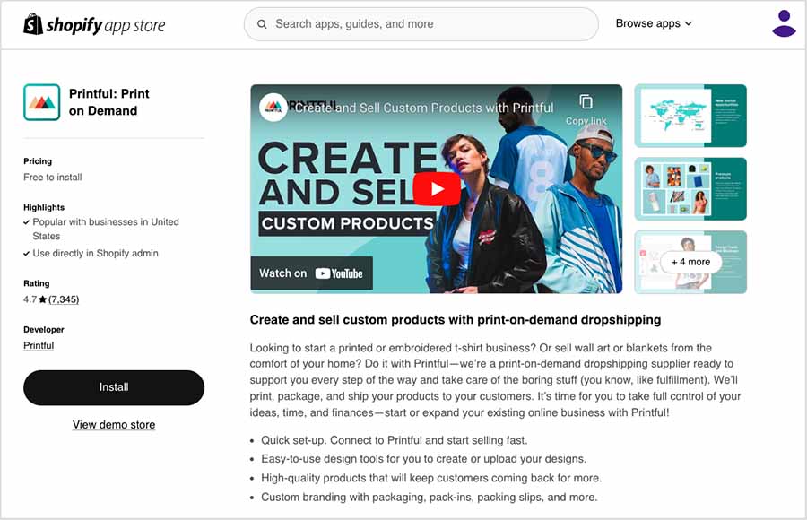 The official Printful app in the Shopify app store