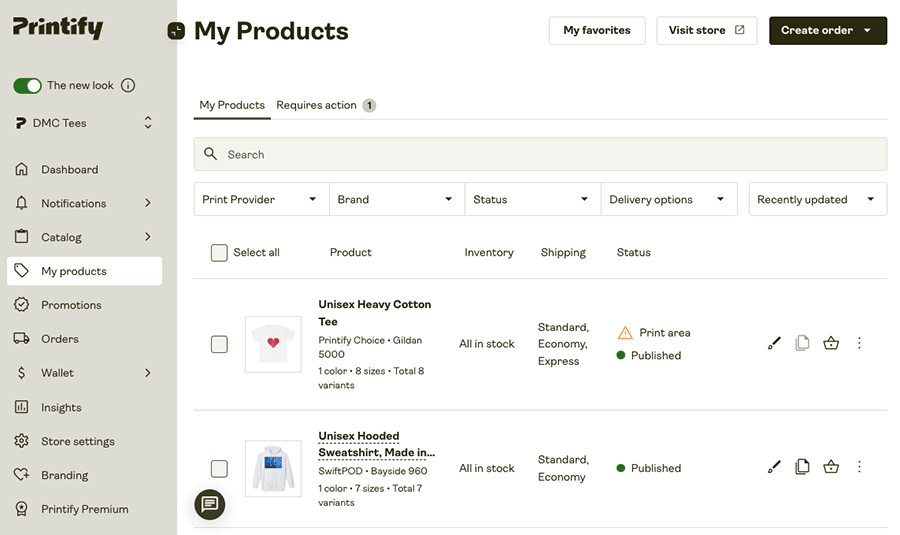 Printify dashboard