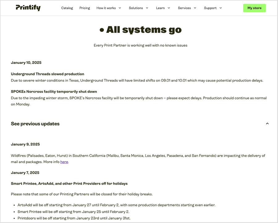 Printify print provider status page.