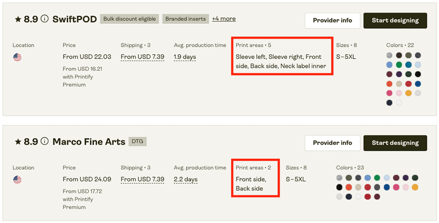 Print provider 'print area' specifications