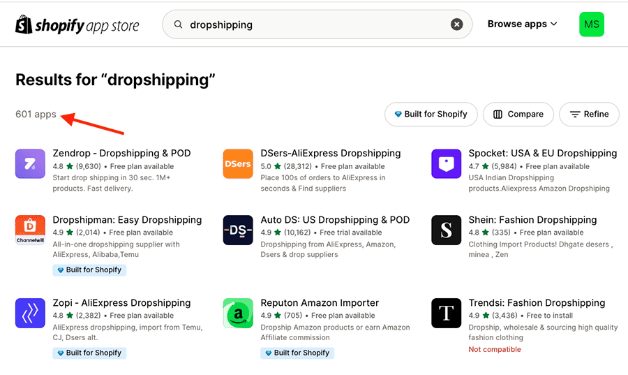 Some of the 601 dropshipping apps that are currently available in the Shopify app store