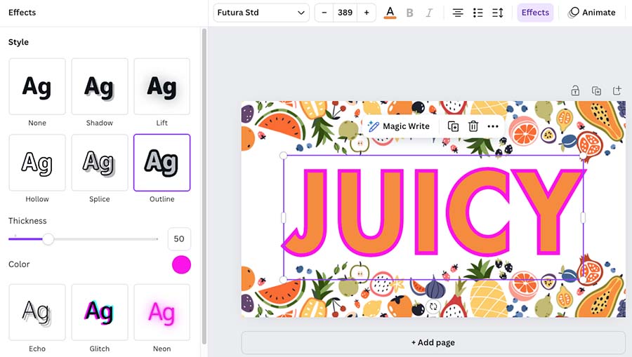 Applying text effects in Canva