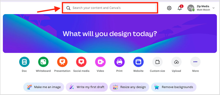 Canva dashboard search box