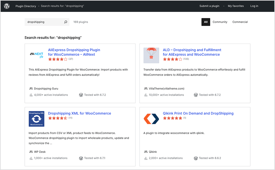 Dropshipping plugins in the Wordpress plugin directory