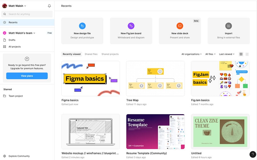 The Figma account dashboard