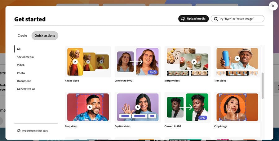 The 'quick actions' menu in Adobe Express.