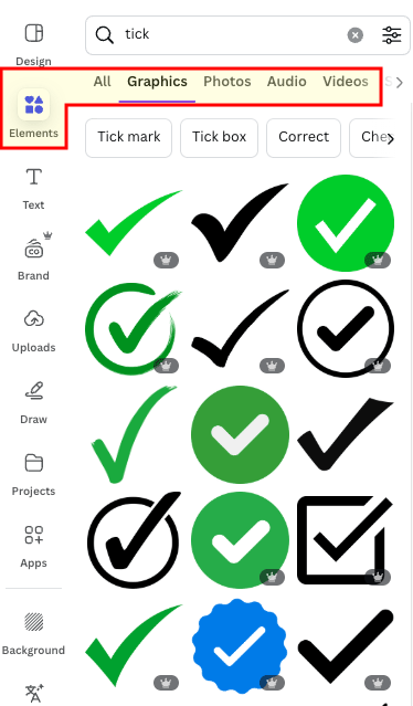 The 'elements' tab in Canva.