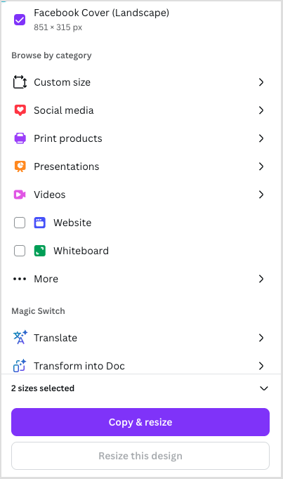 Resizing a design with Canva's 'Resize & Magic Switch' tool