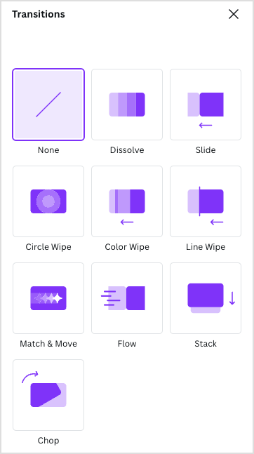 Video transition options in Canva.