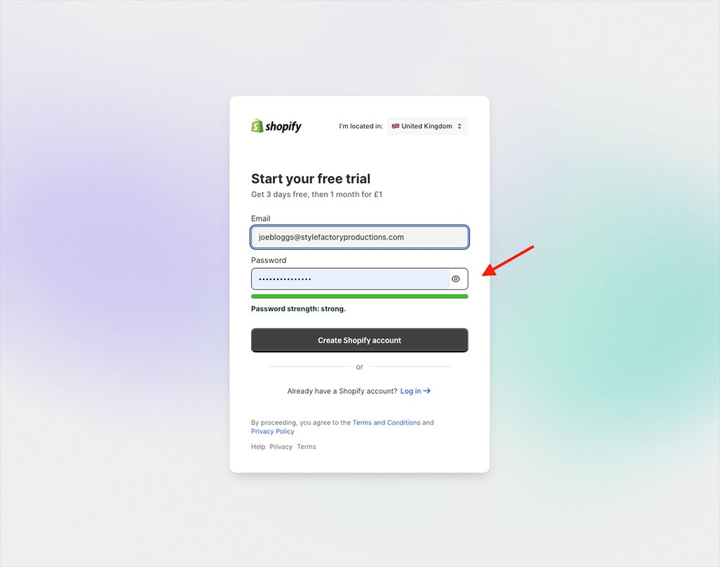 Creating a password for your Shopify trial account