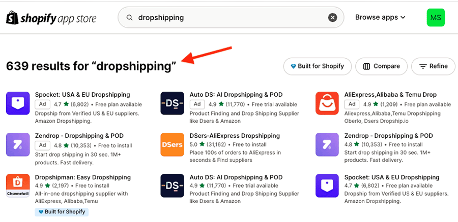 Dropshipping apps in Shopify — there are currently 639 different ones available from the Shopify App Store.