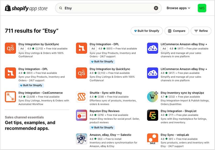 Etsy apps in the Shopify app store