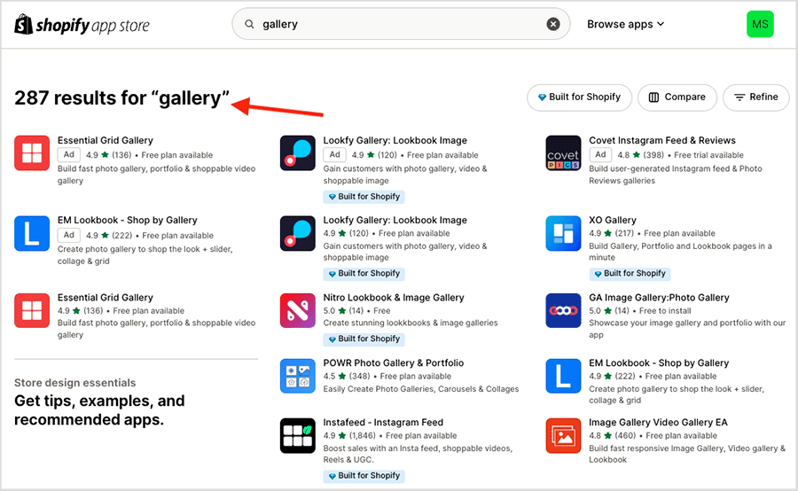 Gallery apps in the Shopify app store