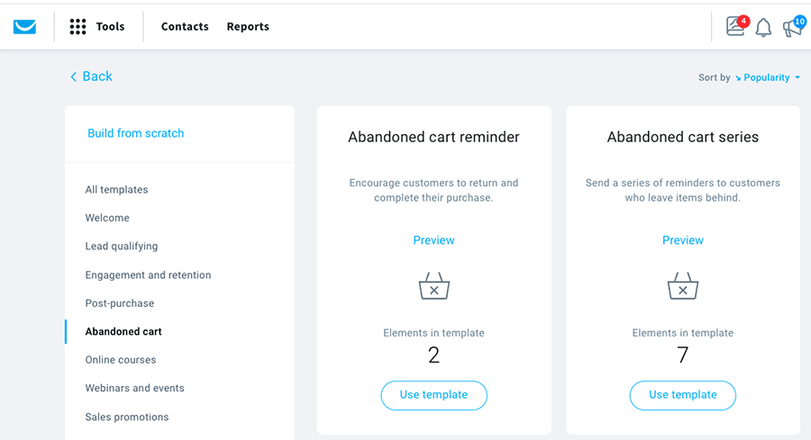 Some of GetResponse's numerous automation templates