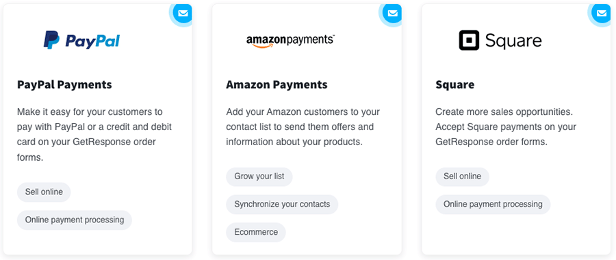 Some of the available payment gateway providers in GetResponse