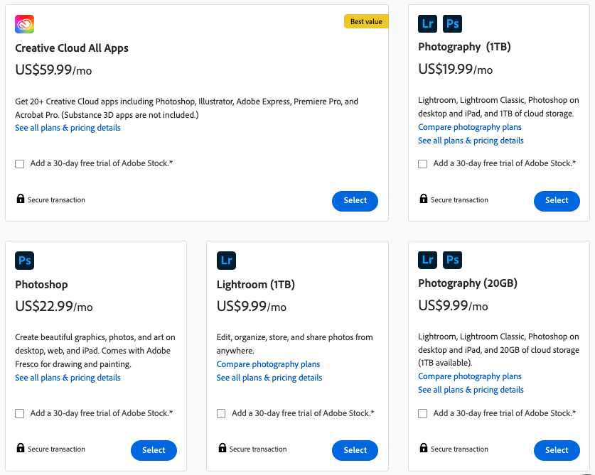 Photoshop pricing plans for individual users