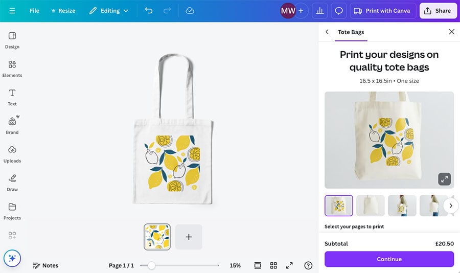 Printing a tote bag in Canva.