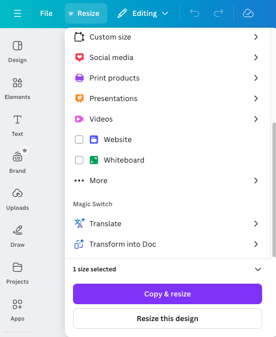 Using the 'Resize & Magic Switch' tool in Canva
