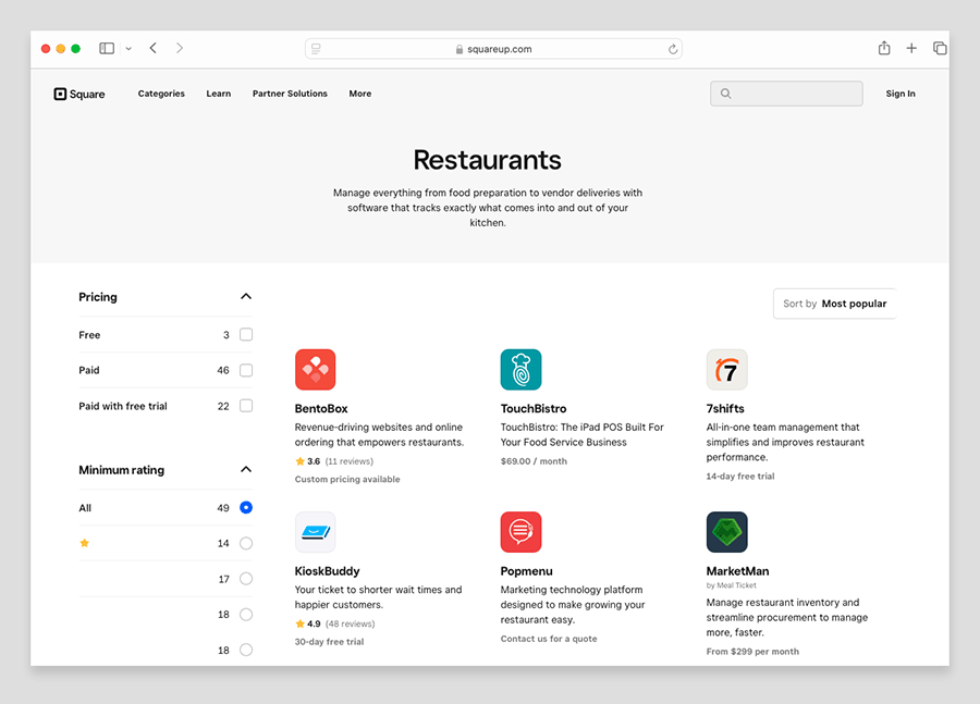 Some of the restaurant apps available in Square's app marketplace