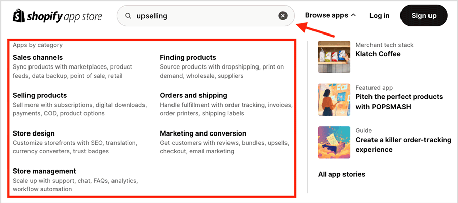 Using search features in the Shopify app store