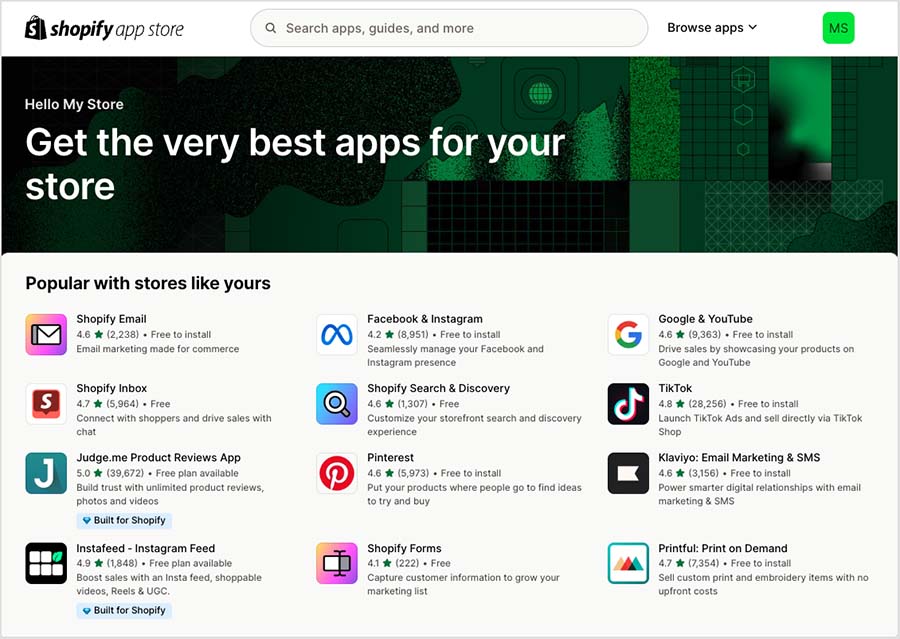 Home page of the Shopify app store.