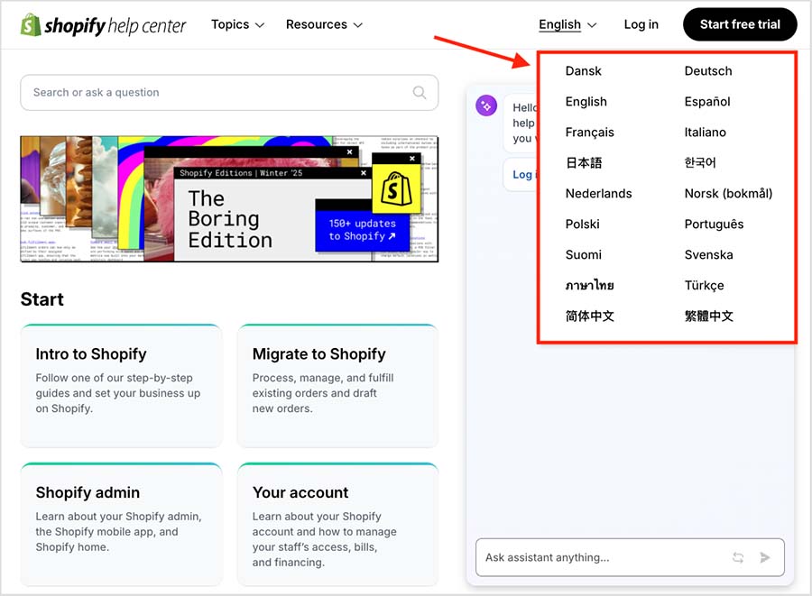 Shopify help center languages