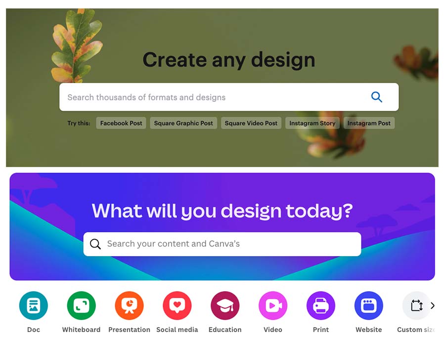 VistaCreate and Canva's home page search boxes.