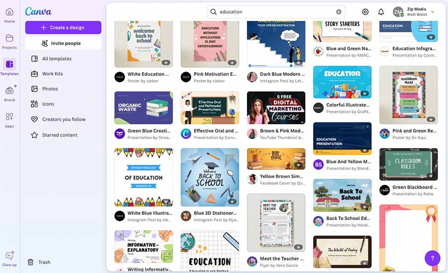 Some of the many education-focused templates available in Canva