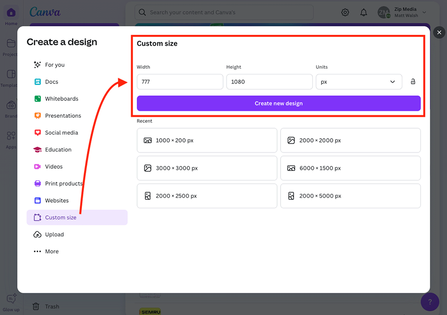 Creating a custom sized design in Canva